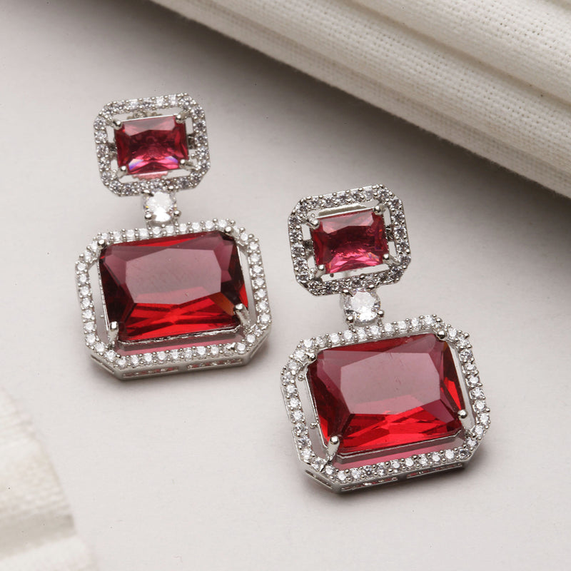 Rhodium-Plated Silver Toned Red & White American Diamond studded Square Shaped Drop Earrings