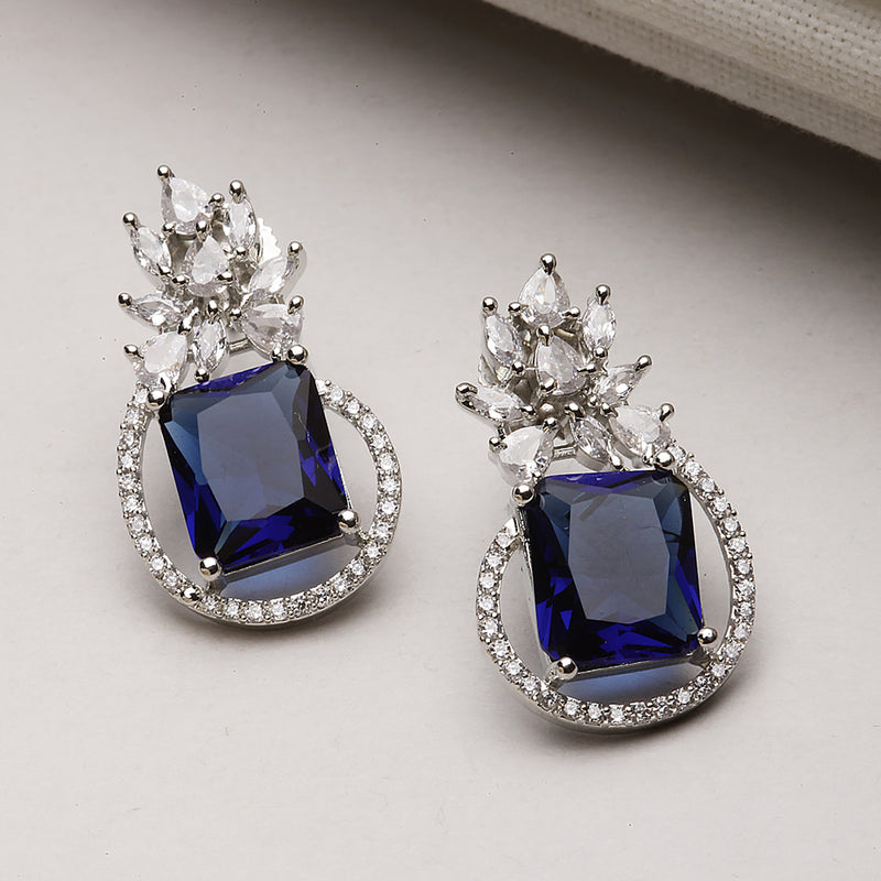 Rhodium-Plated Silver Toned American Diamond studded Paisley Shaped Studs Earrings