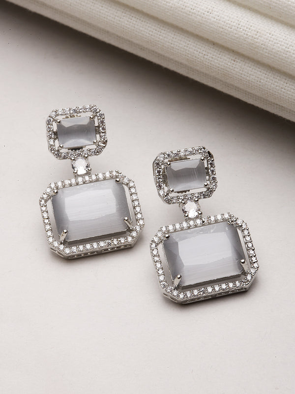 Rhodium-Plated Silver Toned Grey & White American Diamond studded Square Shaped Drop Earrings