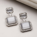 Rhodium-Plated Silver Toned Grey & White American Diamond studded Square Shaped Drop Earrings
