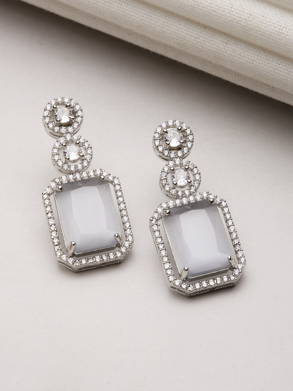 Rhodium-Plated Silver Toned Grey & White American Diamond studded Geometric Shaped Drop Earrings