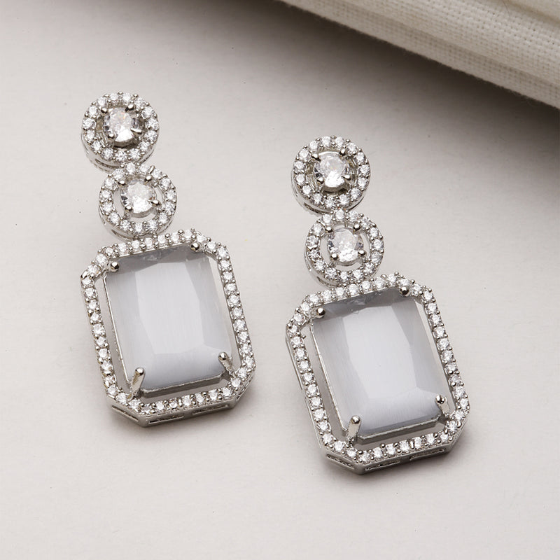 Rhodium-Plated Silver Toned Grey & White American Diamond studded Geometric Shaped Drop Earrings