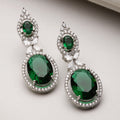 Rhodium-Plated Silver Toned Pink & White American Diamond studded Oval Shaped Drop Earrings