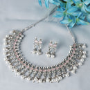 Oxidised Silver-Plated Pink American Diamond & White Pearl Studded Necklace Earrings Jewellery Set
