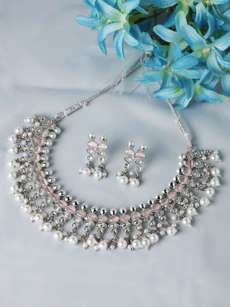 Oxidised Silver-Plated Pink American Diamond & White Pearl Studded Necklace Earrings Jewellery Set