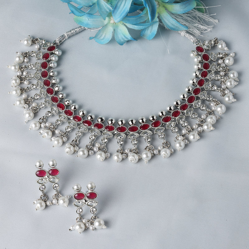 Oxidised Silver-Plated Red American Diamond & White Pearl Studded Necklace Earrings Jewellery Set