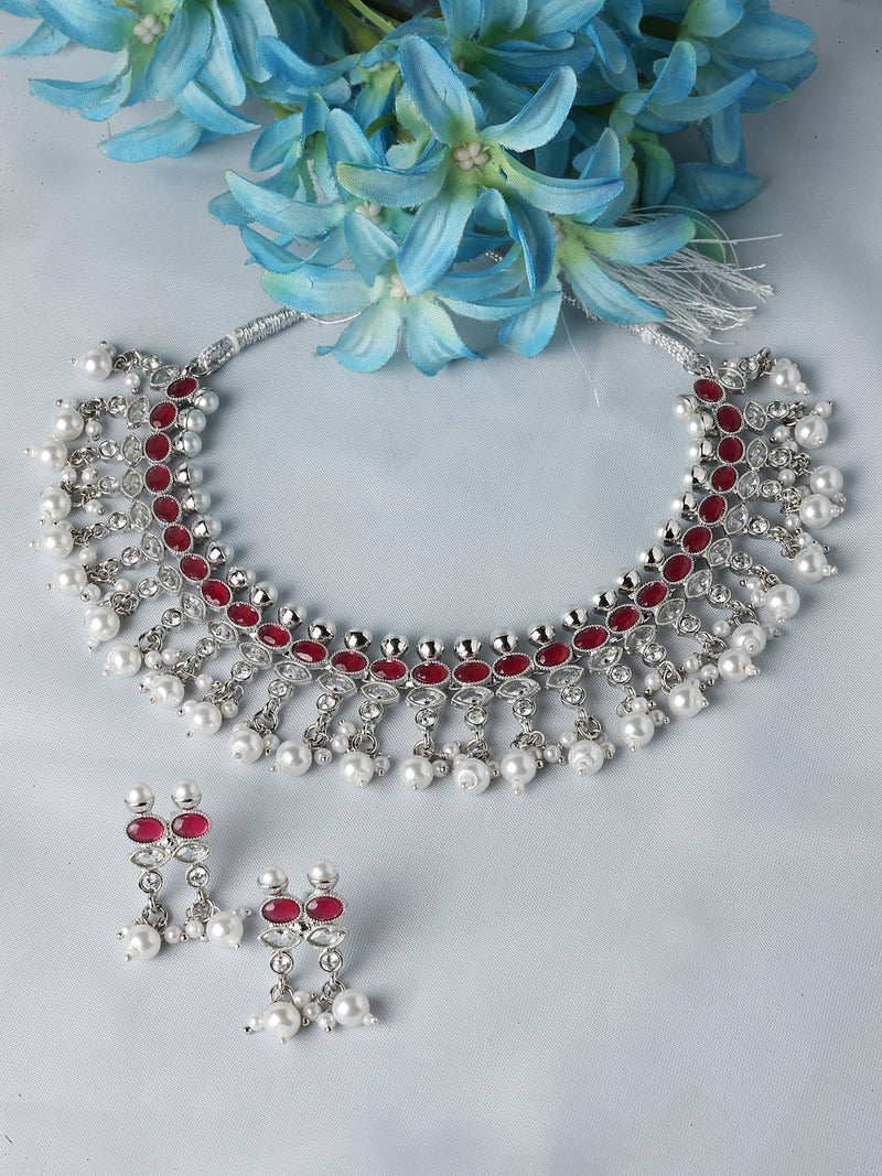 Oxidised Silver-Plated Red American Diamond & White Pearl Studded Necklace Earrings Jewellery Set