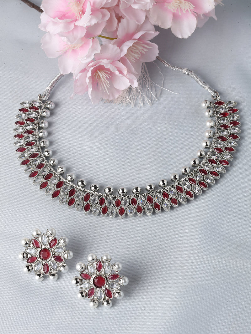 Oxidised Silver-Plated Red American Diamond & White Pearl Studded Necklace Earrings Jewellery Set