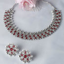 Oxidised Silver-Plated Red American Diamond & White Pearl Studded Necklace Earrings Jewellery Set
