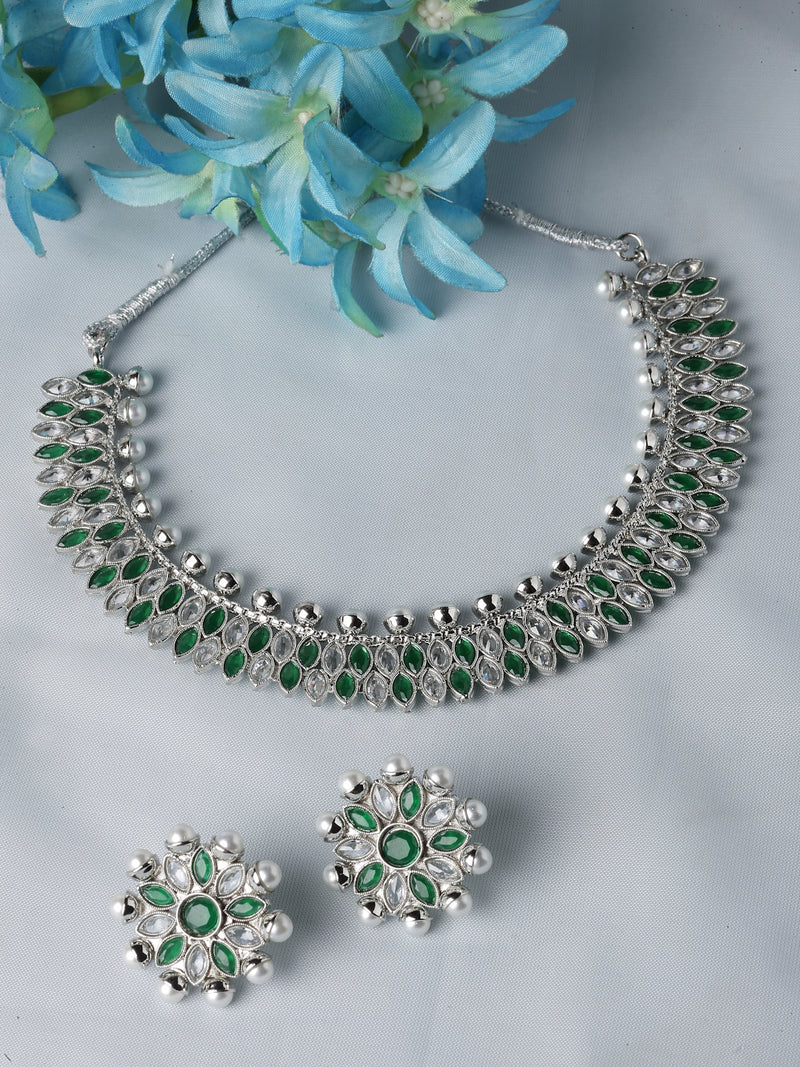 Oxidised Silver-Plated Green American Diamond & White Pearl Studded Necklace Earrings Jewellery Set