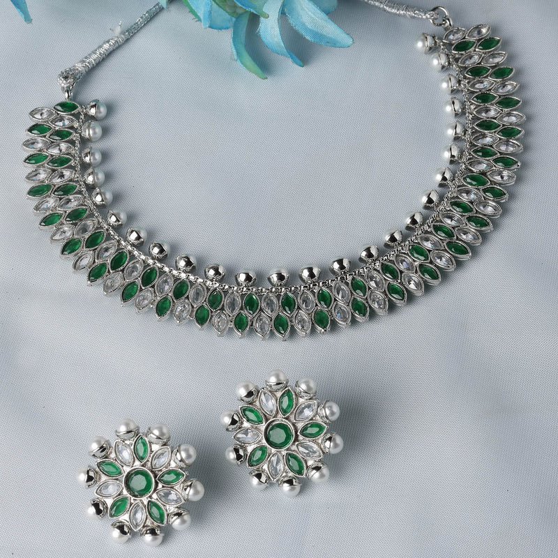 Oxidised Silver-Plated Green American Diamond & White Pearl Studded Necklace Earrings Jewellery Set