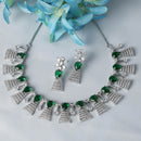 Rhodium-Plated Silver Toned Teardrop Green American Diamond Studded Necklace Earrings Jewellery Set