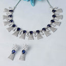 Rhodium-Plated Silver Toned Teardrop Navy Blue American Diamond Studded Necklace Earrings Jewellery Set