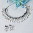 Oxidised Silver-Plated Navy Blue American Diamond & White Pearl Studded Necklace Earrings Jewellery Set