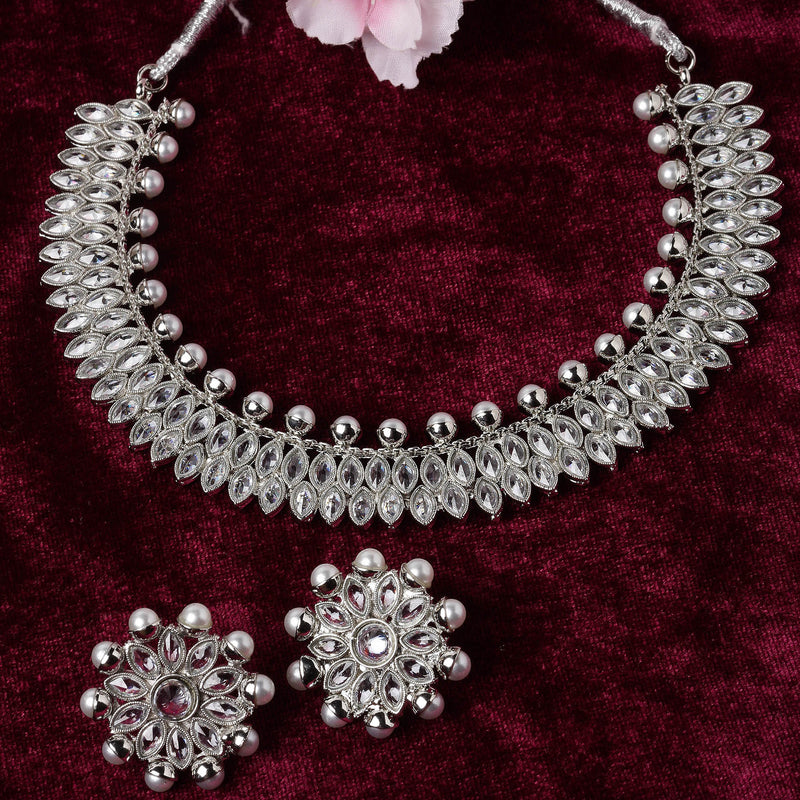 Oxidised Silver-Plated White American Diamond & White Pearl Studded Necklace Earrings Jewellery Set