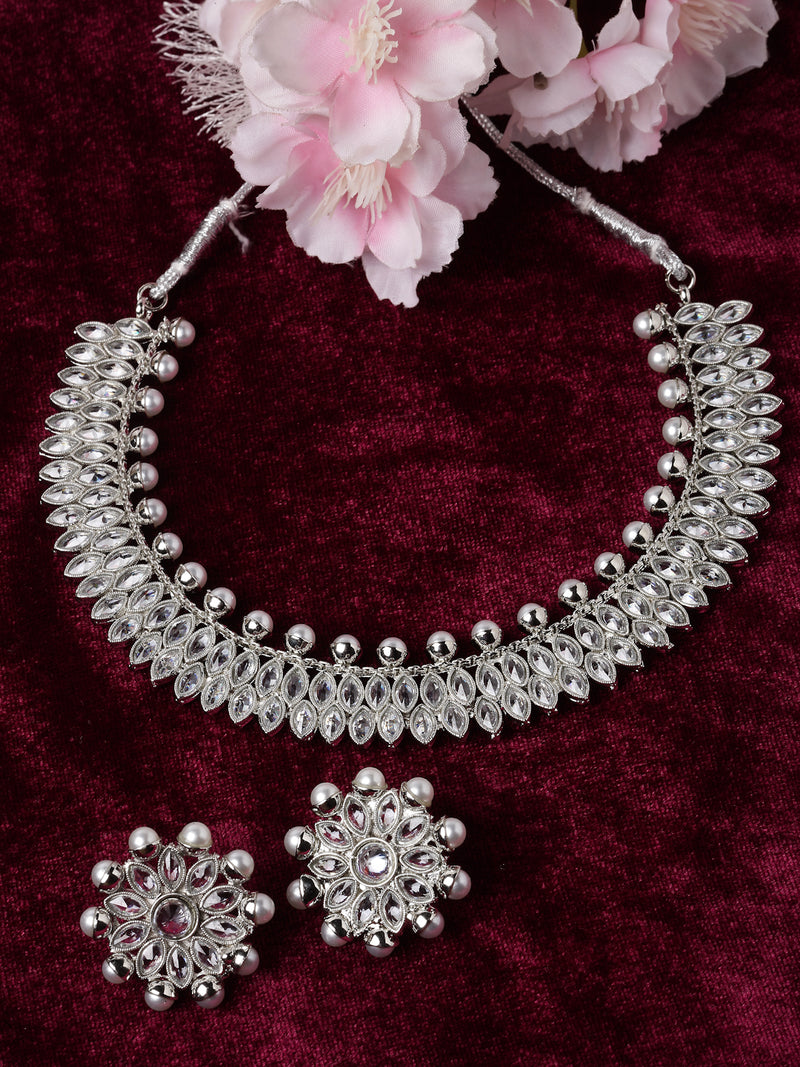 Oxidised Silver-Plated White American Diamond & White Pearl Studded Necklace Earrings Jewellery Set