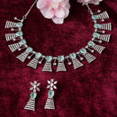 Rhodium-Plated Silver Toned Teardrop Sea Green American Diamond Studded Necklace Earrings Jewellery Set