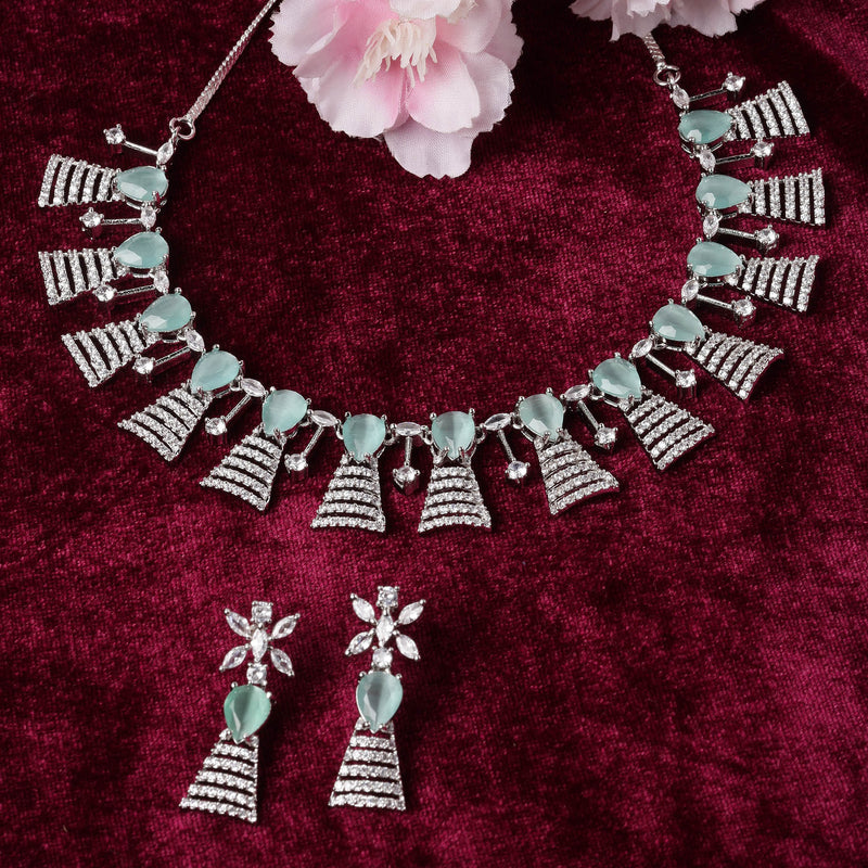 Rhodium-Plated Silver Toned Teardrop Sea Green American Diamond Studded Necklace Earrings Jewellery Set