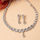 Oxidised Silver-Plated White Round American Diamond Studded Necklace with Earrings Jewellery Set