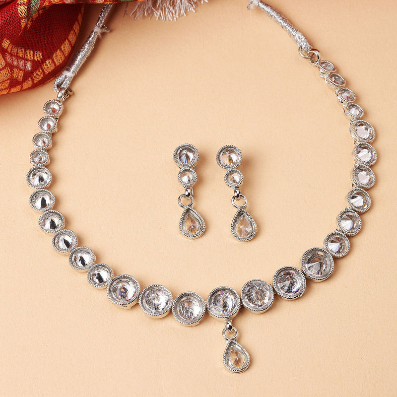 Oxidised Silver-Plated White Round American Diamond Studded Necklace with Earrings Jewellery Set