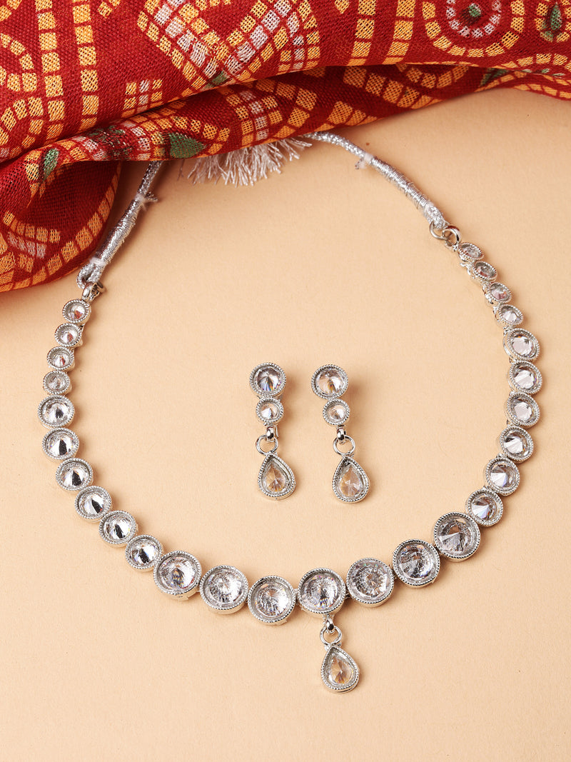 Oxidised Silver-Plated White Round American Diamond Studded Necklace with Earrings Jewellery Set