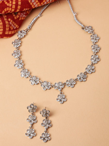 Oxidised Silver-Plated Flower Shaped White American Diamond Studded Necklace with Earrings Jewellery Set