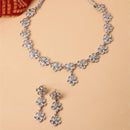 Oxidised Silver-Plated Flower Shaped White American Diamond Studded Necklace with Earrings Jewellery Set