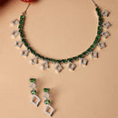 Rhodium-Plated Silver Toned Rectangle Green American Diamond Studded Necklace Earrings Jewellery Set