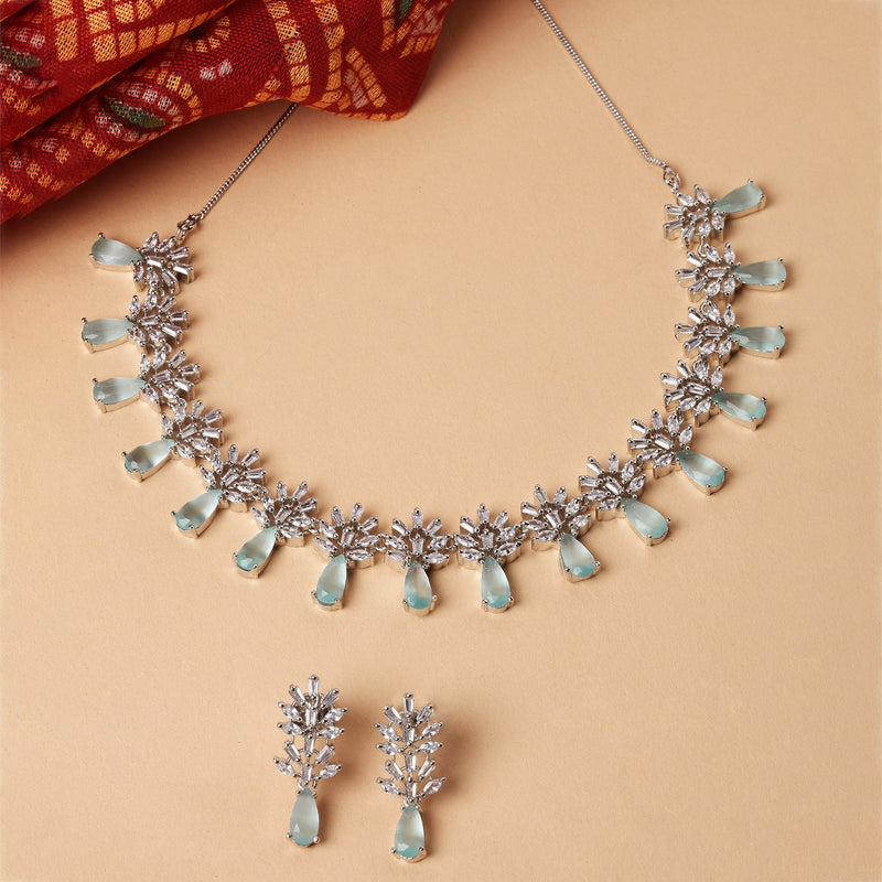Rhodium-Plated Silver Toned Teardrop Sea Green American Diamond Studded Necklace Earrings Jewellery Set