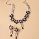 Rhodium-Plated Silver Toned Flower Navy Blue American Diamond Studded Necklace with Earrings Jewellery Set