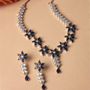 Rhodium-Plated Silver Toned Star Navy Blue American Diamond Studded Necklace Earrings Jewellery Set