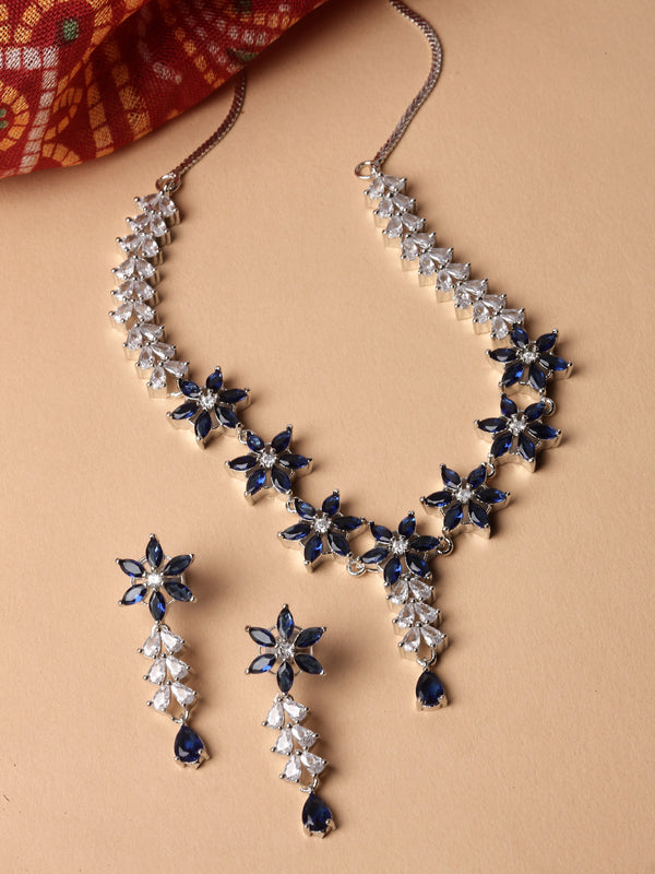 Rhodium-Plated Silver Toned Star Navy Blue American Diamond Studded Necklace Earrings Jewellery Set