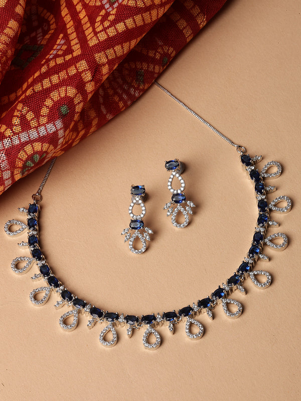 Rhodium-Plated Silver Toned Navy Blue American Diamond Studded Necklace with Earrings Jewellery Set