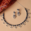 Rhodium-Plated Silver Toned Navy Blue American Diamond Studded Necklace with Earrings Jewellery Set