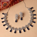 Rhodium-Plated Silver Toned Teardrop Navy Blue American Diamond Studded Necklace Earrings Jewellery Set