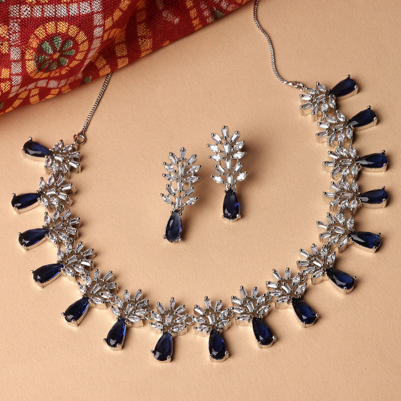 Rhodium-Plated Silver Toned Teardrop Navy Blue American Diamond Studded Necklace Earrings Jewellery Set