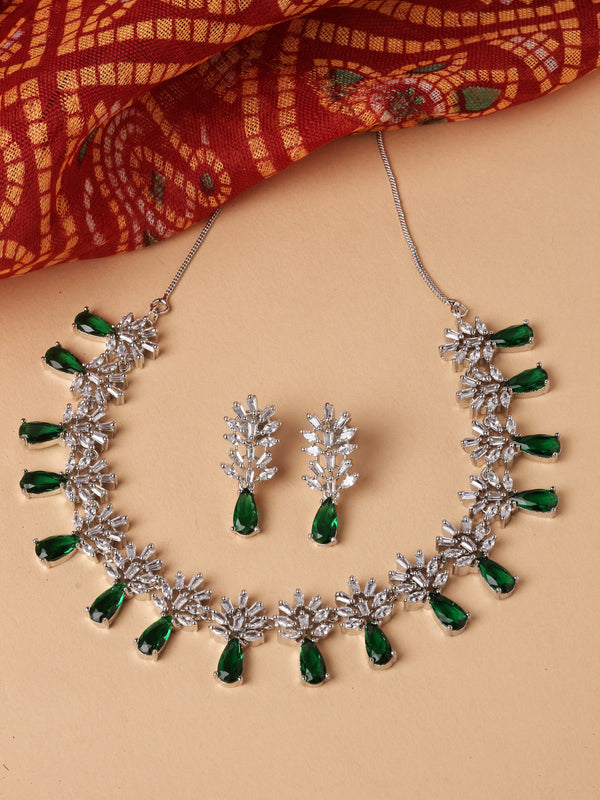 Rhodium-Plated Silver Toned Teardrop & Flower Green AD Studded Necklace with Earrings Jewellery Set