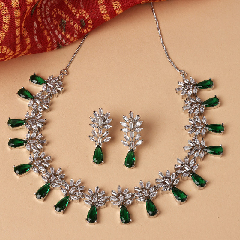 Rhodium-Plated Silver Toned Teardrop & Flower Green AD Studded Necklace with Earrings Jewellery Set