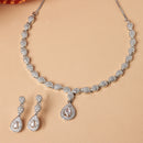 Rhodium-Plated Silver Toned Drop White American Diamond Studded Necklace with Earrings Jewellery Set
