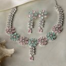Rhodium-Plated Silver Toned Flower Sea Green & Pink American Diamond Studded Necklace with Earrings Jewellery set