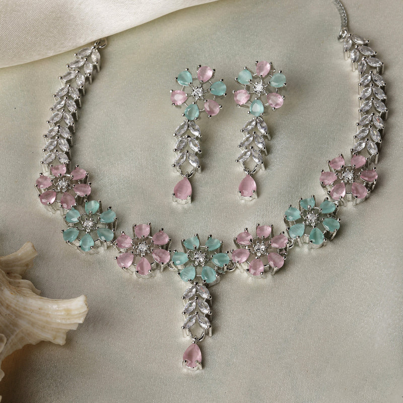 Rhodium-Plated Silver Toned Flower Sea Green & Pink American Diamond Studded Necklace with Earrings Jewellery set