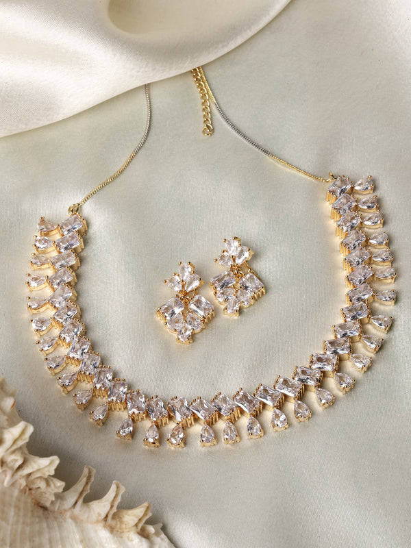 Gold-Plated Pear White American Diamond Studded Necklace with Earrings Jewellery Set