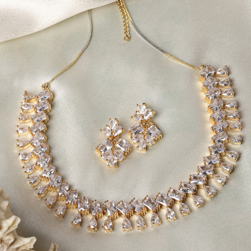 Gold-Plated Pear White American Diamond Studded Necklace with Earrings Jewellery Set