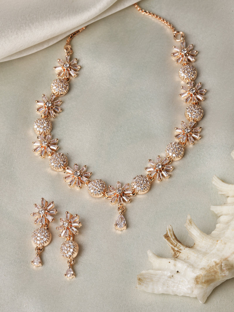 Rose Gold-Plated White American Diamond Studded Flower-Round Necklace with Earrings Jewellery Set