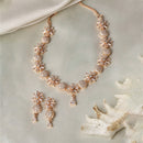 Rose Gold-Plated White American Diamond Studded Flower-Round Necklace with Earrings Jewellery Set