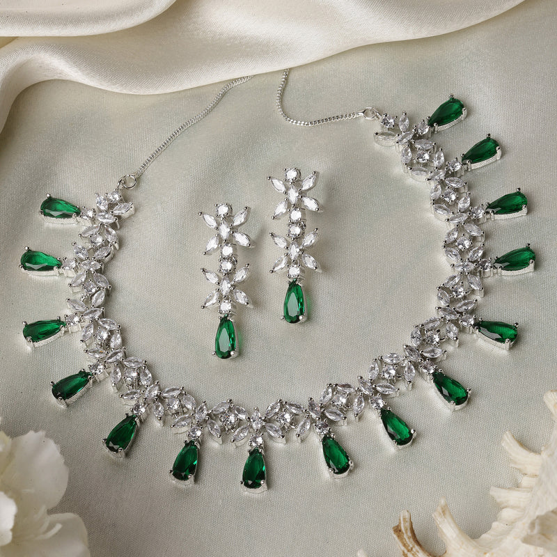 Rhodium-Plated Silver Toned Teardrop Green American Diamond Studded Necklace Earrings Jewellery Set