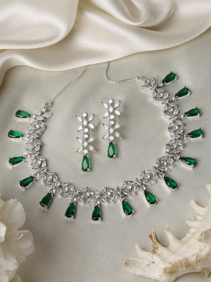 Rhodium-Plated Silver Toned Teardrop Green American Diamond Studded Necklace Earrings Jewellery Set