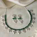 Rhodium-Plated Silver Toned Rectangle Green American Diamond Studded Necklace Earrings Jewellery Set
