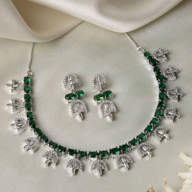 Rhodium-Plated Silver Toned Rectangle Green American Diamond Studded Necklace Earrings Jewellery Set