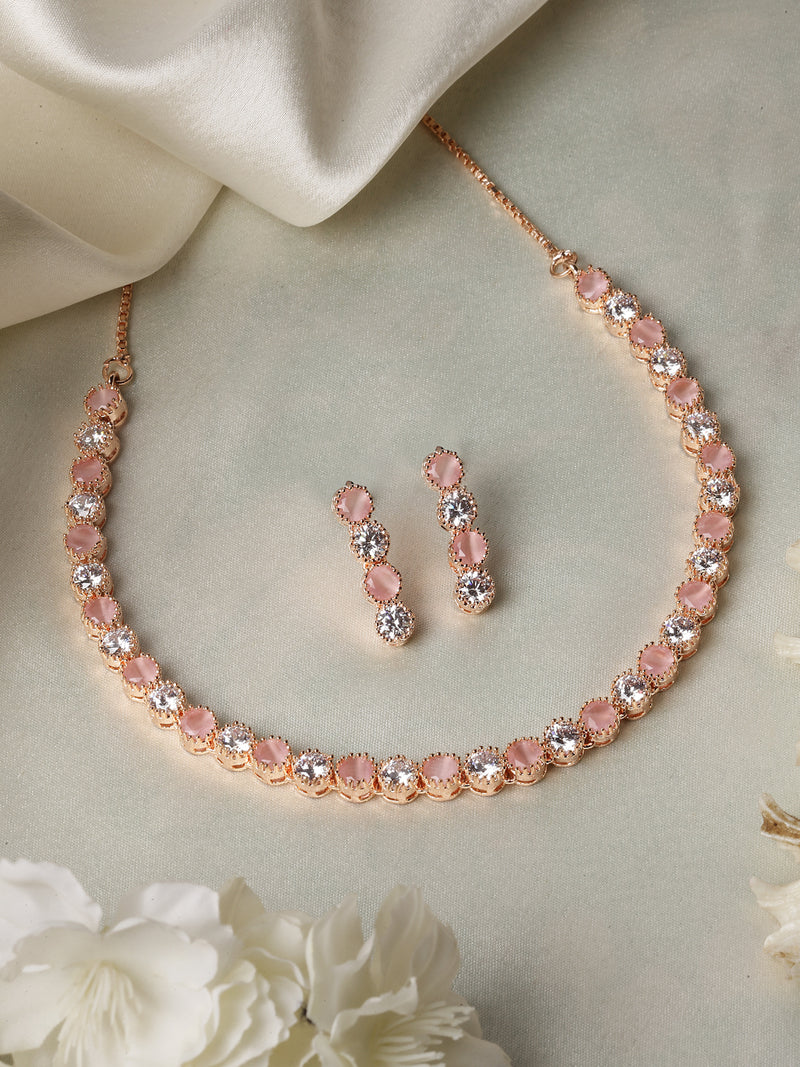 Rose Gold-Plated Round Pink & White American Diamond Studded Necklace Earrings Jewellery Set